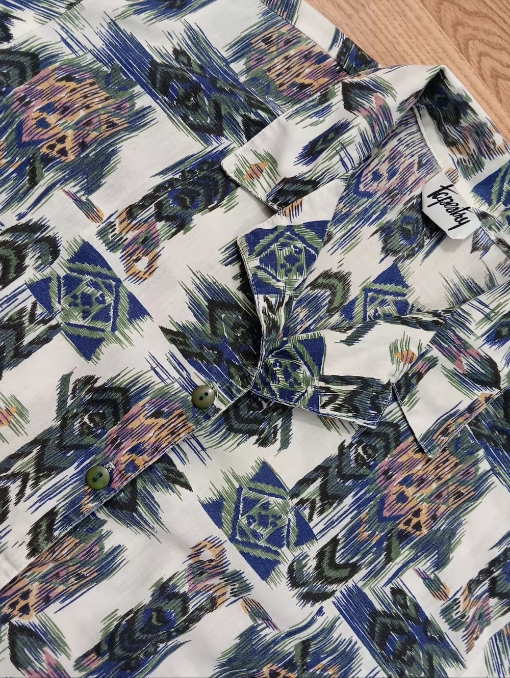 VTG Tapestry Men Women Geometric Short Sleeve  Button Down Shirt Size Small Flaw
